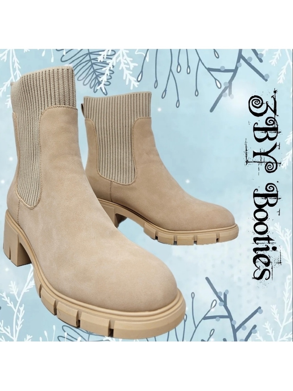 ZBY Ankle Boots Womens Sz 8 Beige Faux Suede Sock Pull On Chunky Sole Winter